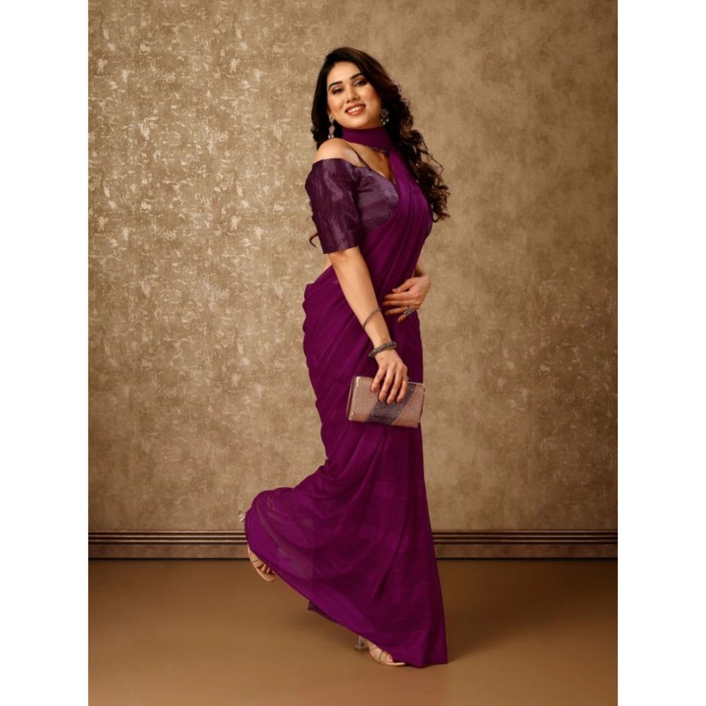 Shopper Beast Women's Chiffon Fabric Line Saree With Unstitched Blouse (Wine, 5-6 Mtrs)