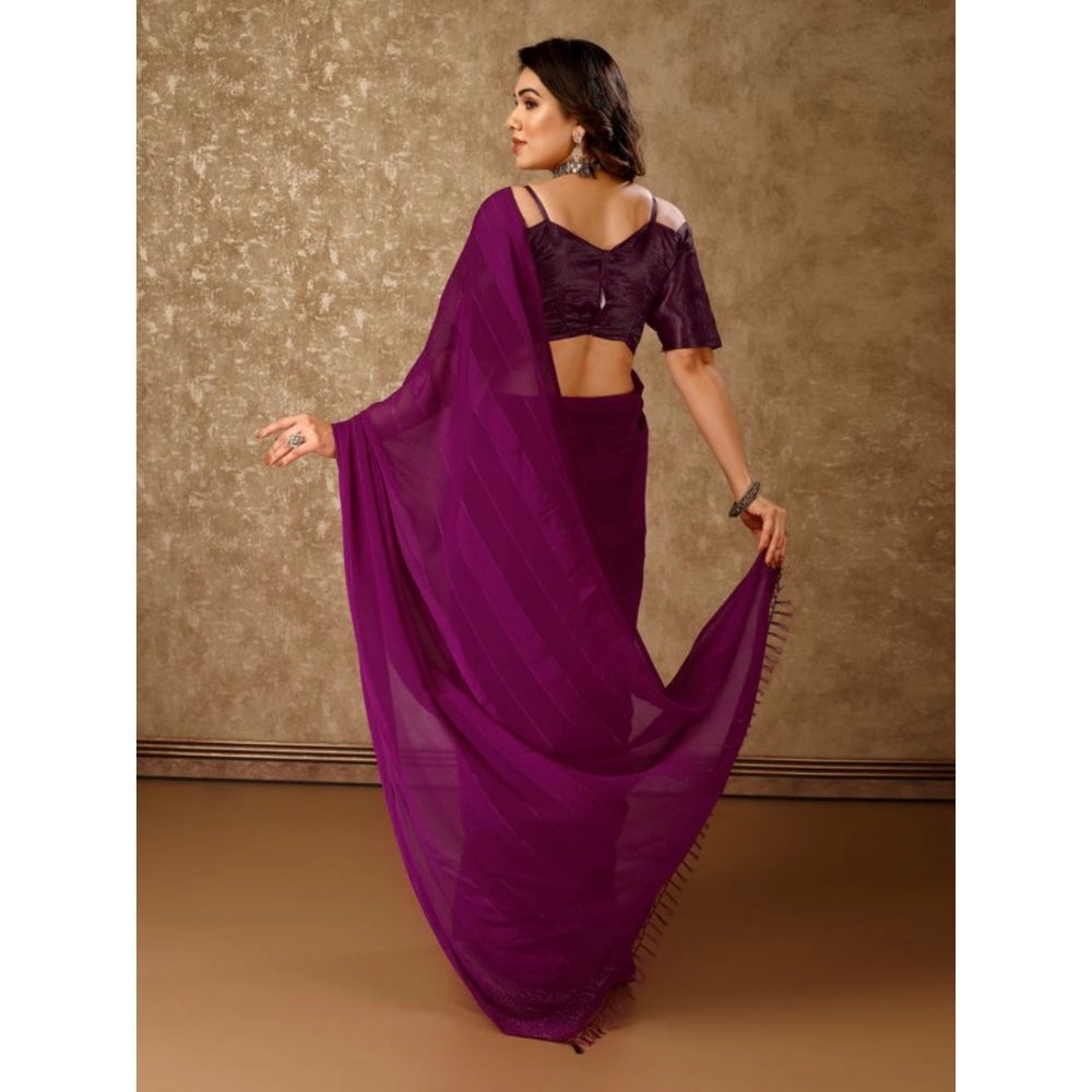 Shopper Beast Women's Chiffon Fabric Line Saree With Unstitched Blouse (Wine, 5-6 Mtrs)