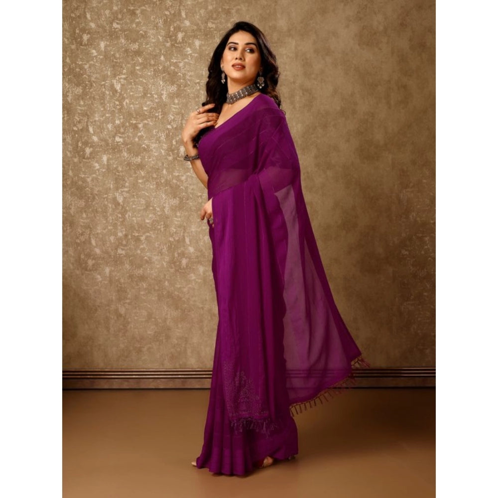 Shopper Beast Women's Chiffon Fabric Line Saree With Unstitched Blouse (Wine, 5-6 Mtrs)