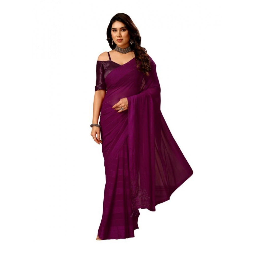 Shopper Beast Women's Chiffon Fabric Line Saree With Unstitched Blouse (Wine, 5-6 Mtrs)