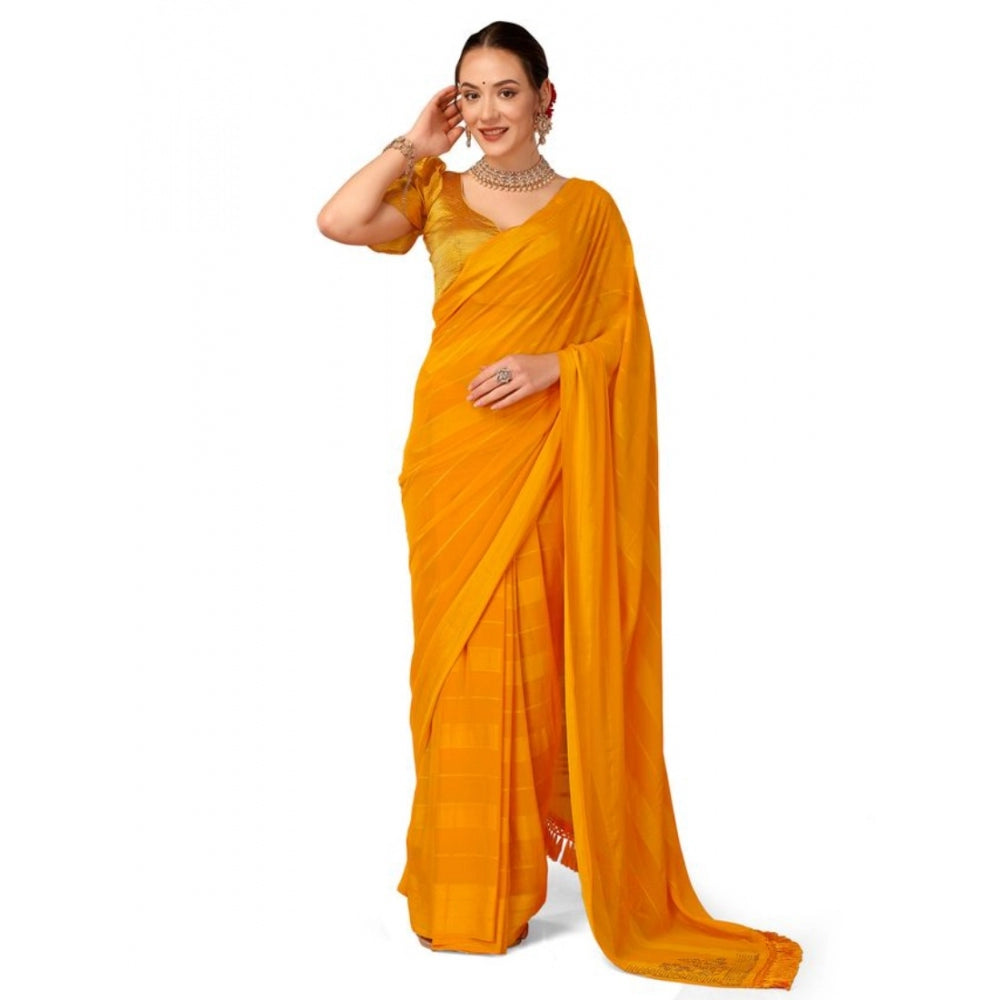 Shopper Beast Women's Chiffon Fabric Line Saree With Unstitched Blouse (Yellow, 5-6 Mtrs)