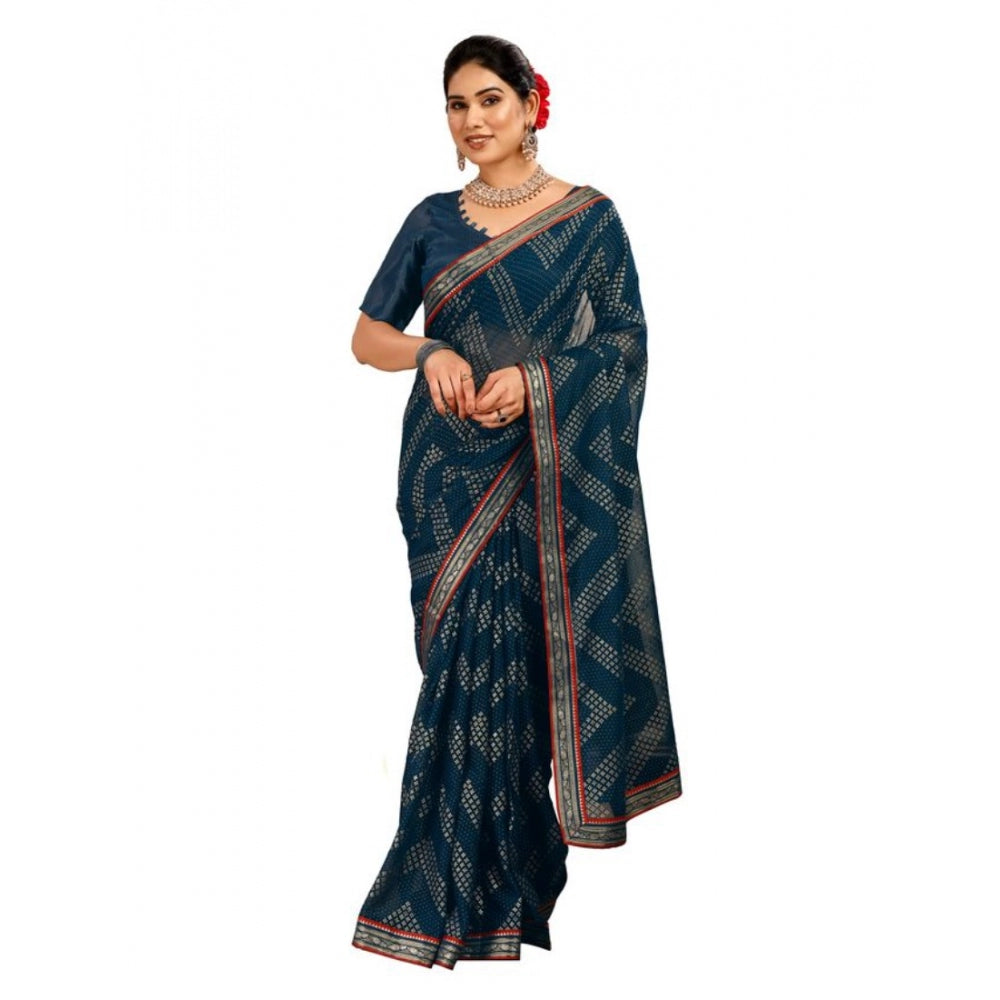 Shopper Beast Women's Zomto Zig Zag Saree With Unstitched Blouse (Blue, 5-6 Mtrs)