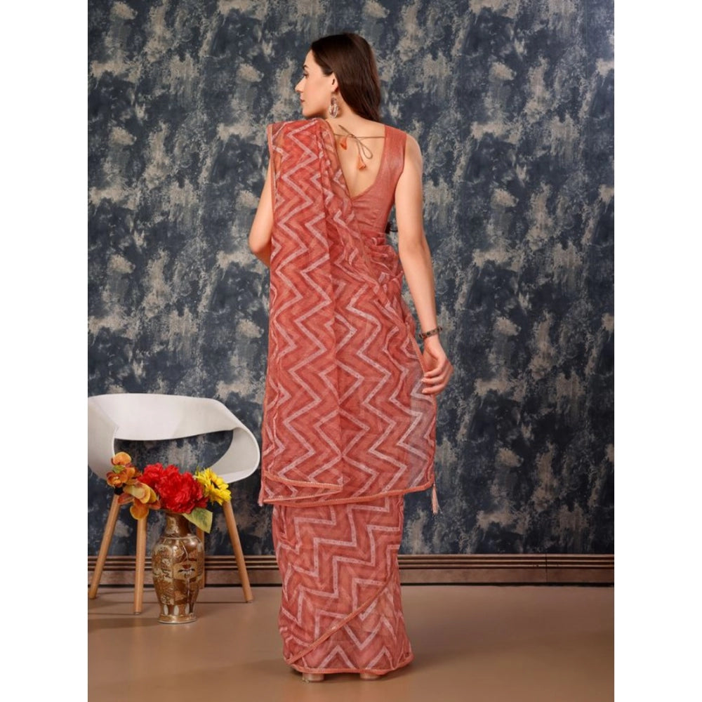 Shopper Beast Women's Linen Zig Zag Saree With Unstitched Blouse (Peach, 5-6 Mtrs)