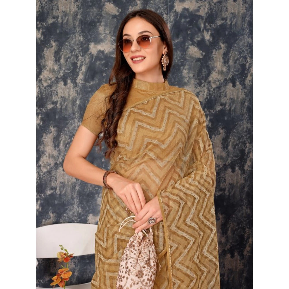 Shopper Beast Women's Linen Zig Zag Saree With Unstitched Blouse (Beige, 5-6 Mtrs)