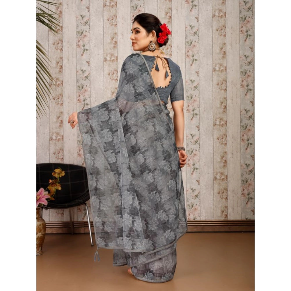 Shopper Beast Women's Linen Floral Printed Saree With Unstitched Blouse (Grey, 5-6 Mtrs)