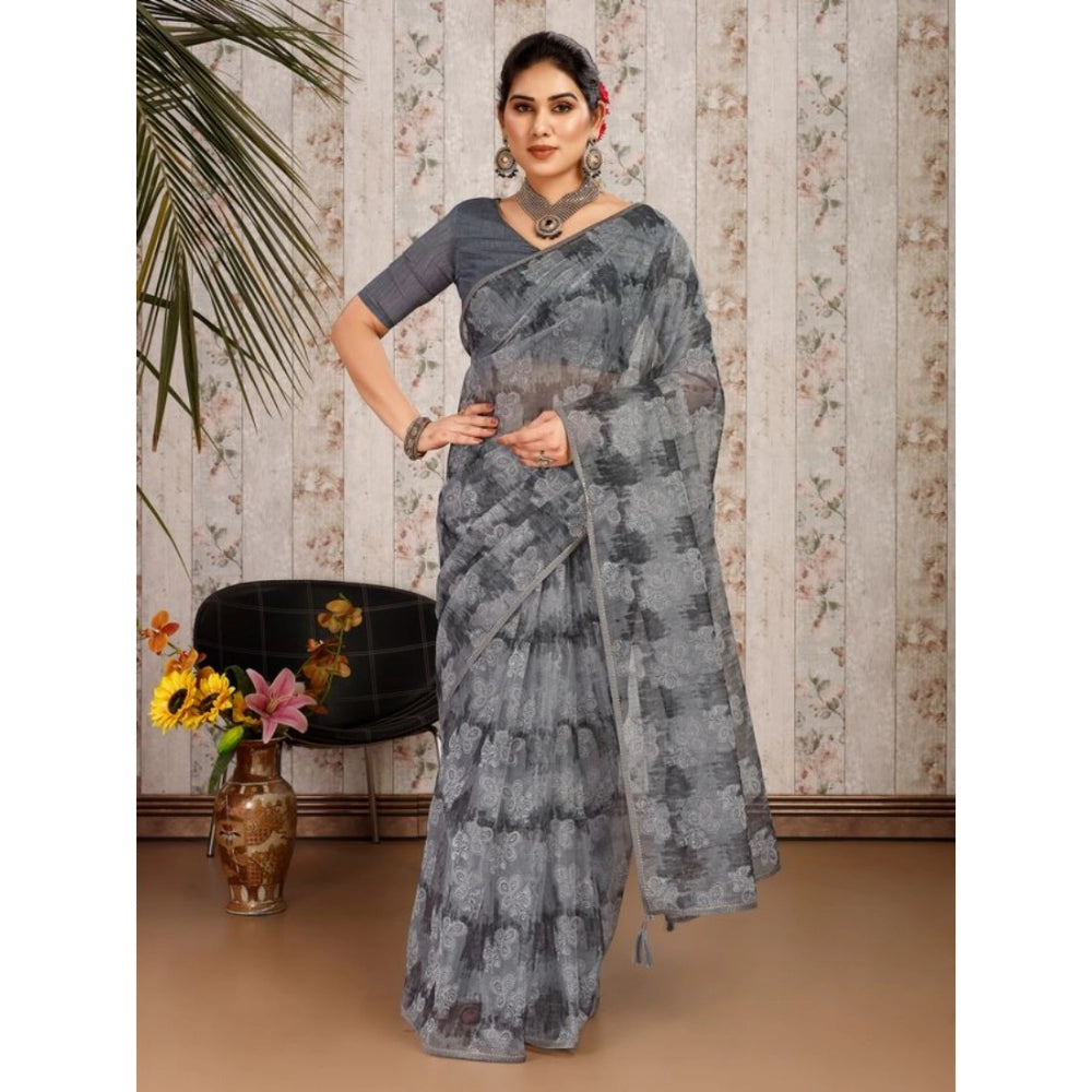 Shopper Beast Women's Linen Floral Printed Saree With Unstitched Blouse (Grey, 5-6 Mtrs)