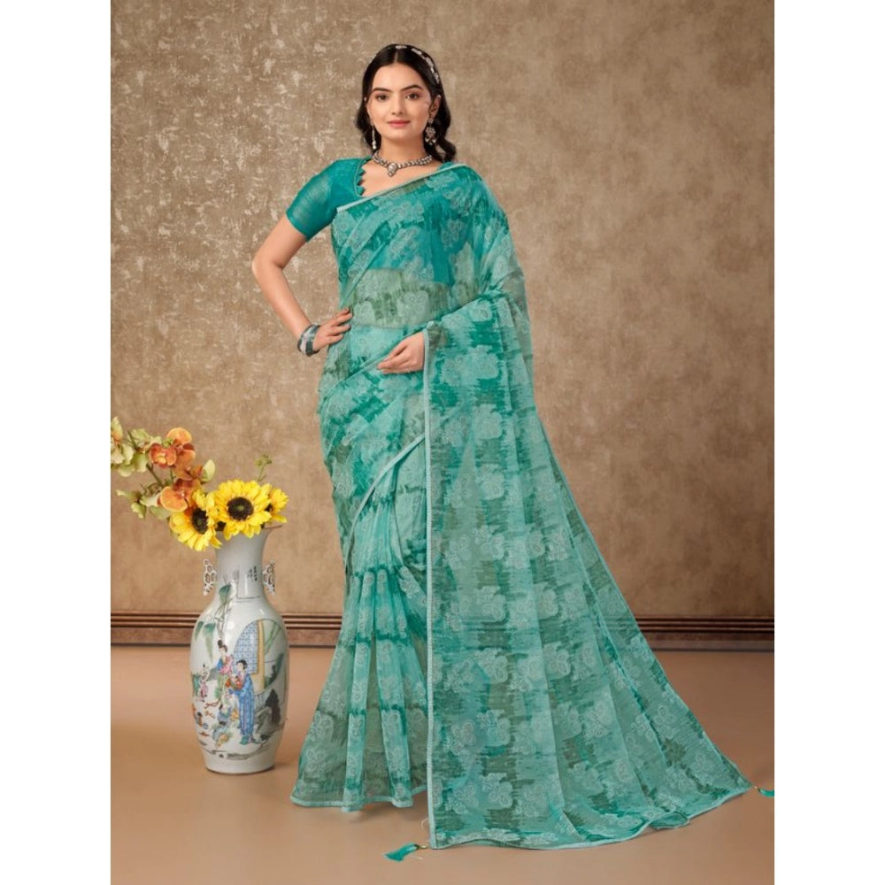 Shopper Beast Women's Linen Floral Printed Saree With Unstitched Blouse (Turquies Green, 5-6 Mtrs)