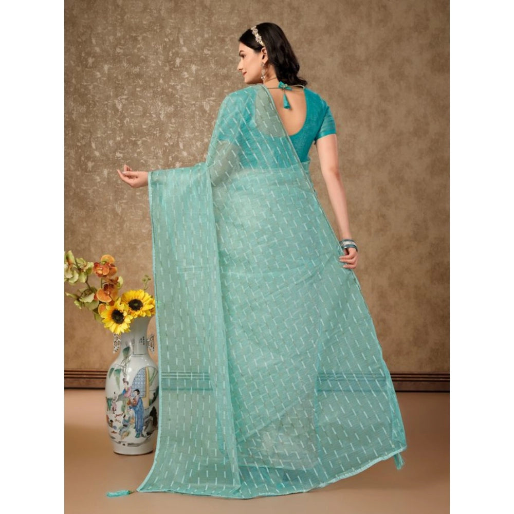 Shopper Beast Women's Linen Line Saree With Unstitched Blouse (Turquies Green, 5-6 Mtrs)