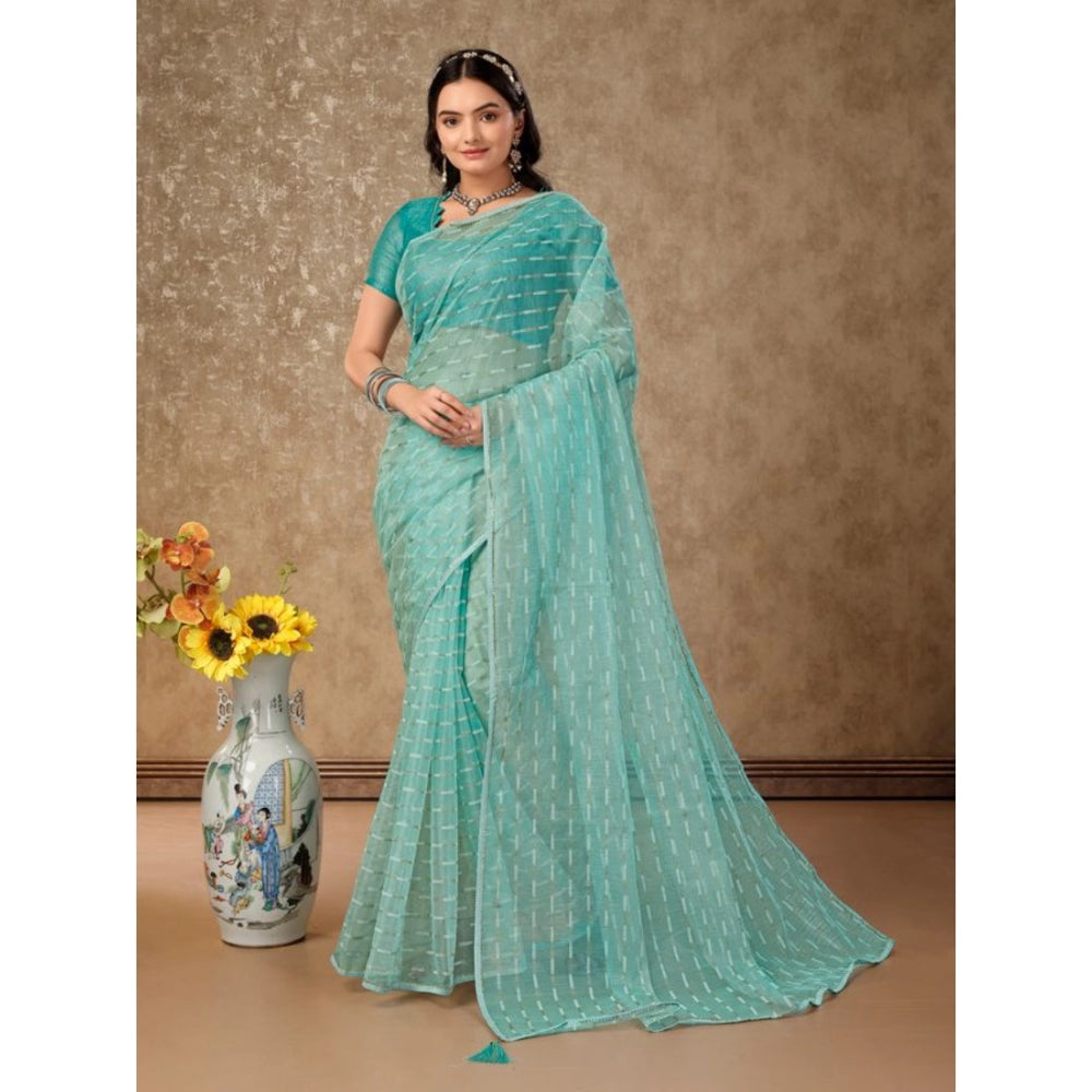 Shopper Beast Women's Linen Line Saree With Unstitched Blouse (Turquies Green, 5-6 Mtrs)