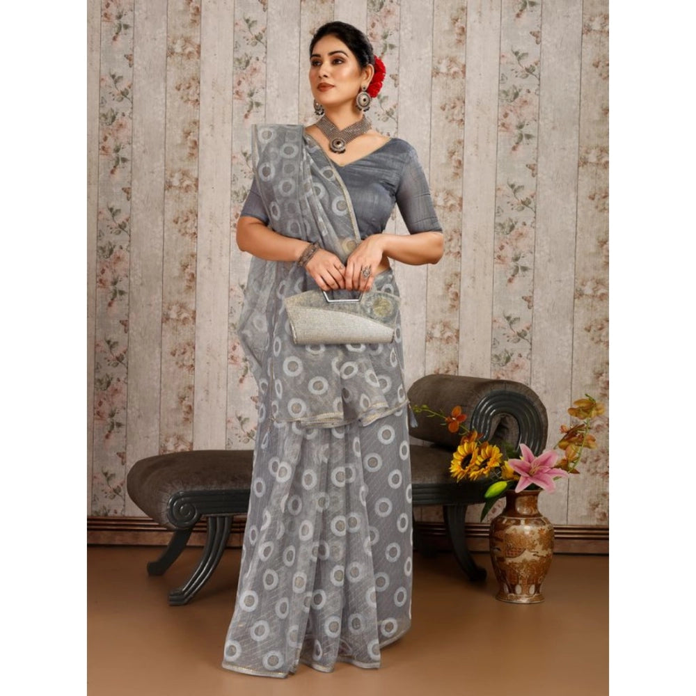 Shopper Beast Women's Linen Gola Printed Saree With Unstitched Blouse (Grey, 5-6 Mtrs)