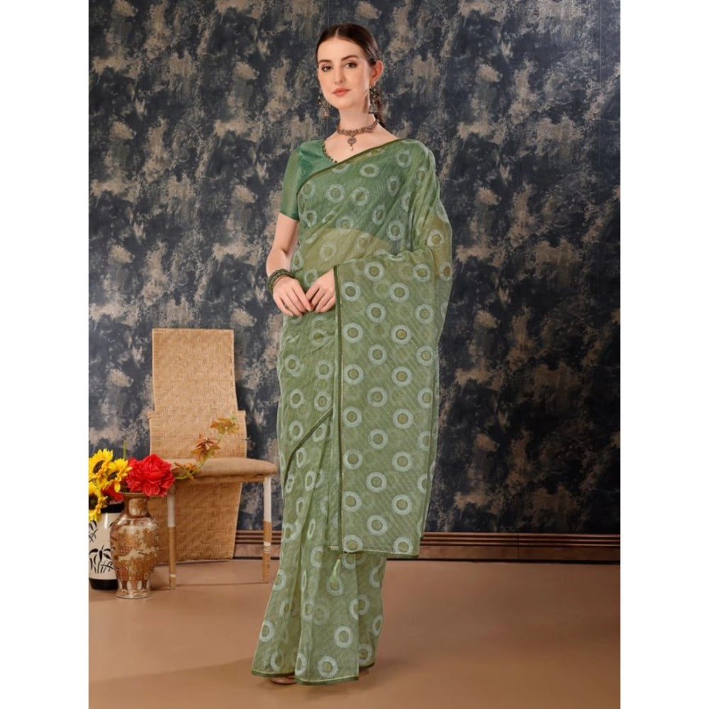 Shopper Beast Women's Linen Gola Printed Saree With Unstitched Blouse (Green, 5-6 Mtrs)