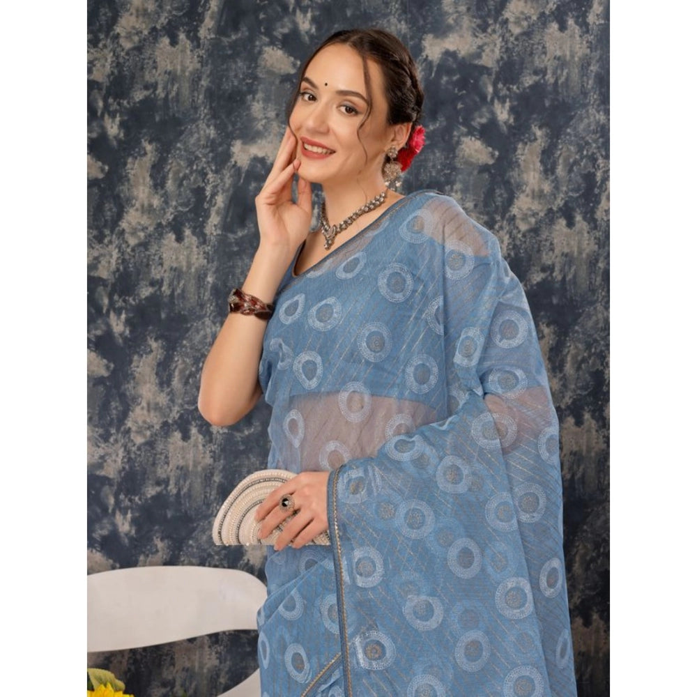 Shopper Beast Women's Linen Gola Printed Saree With Unstitched Blouse (Blue, 5-6 Mtrs)