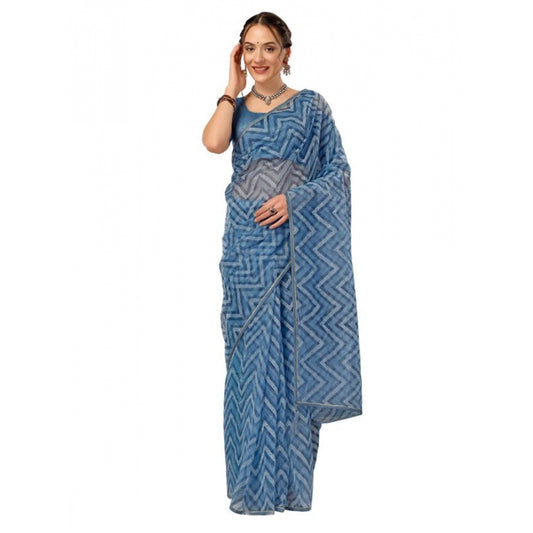 Shopper Beast Women's Linen Zig Zag Saree With Unstitched Blouse (Blue, 5-6 Mtrs)