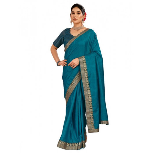 Shopper Beast Women's Vichitra Plain Saree With Unstitched Blouse (Blue, 5-6 Mtrs)