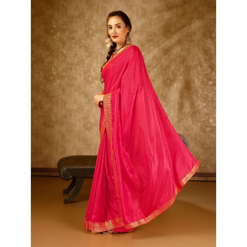 Shopper Beast Women's Vichitra Plain Saree With Unstitched Blouse (Pink, 5-6 Mtrs)