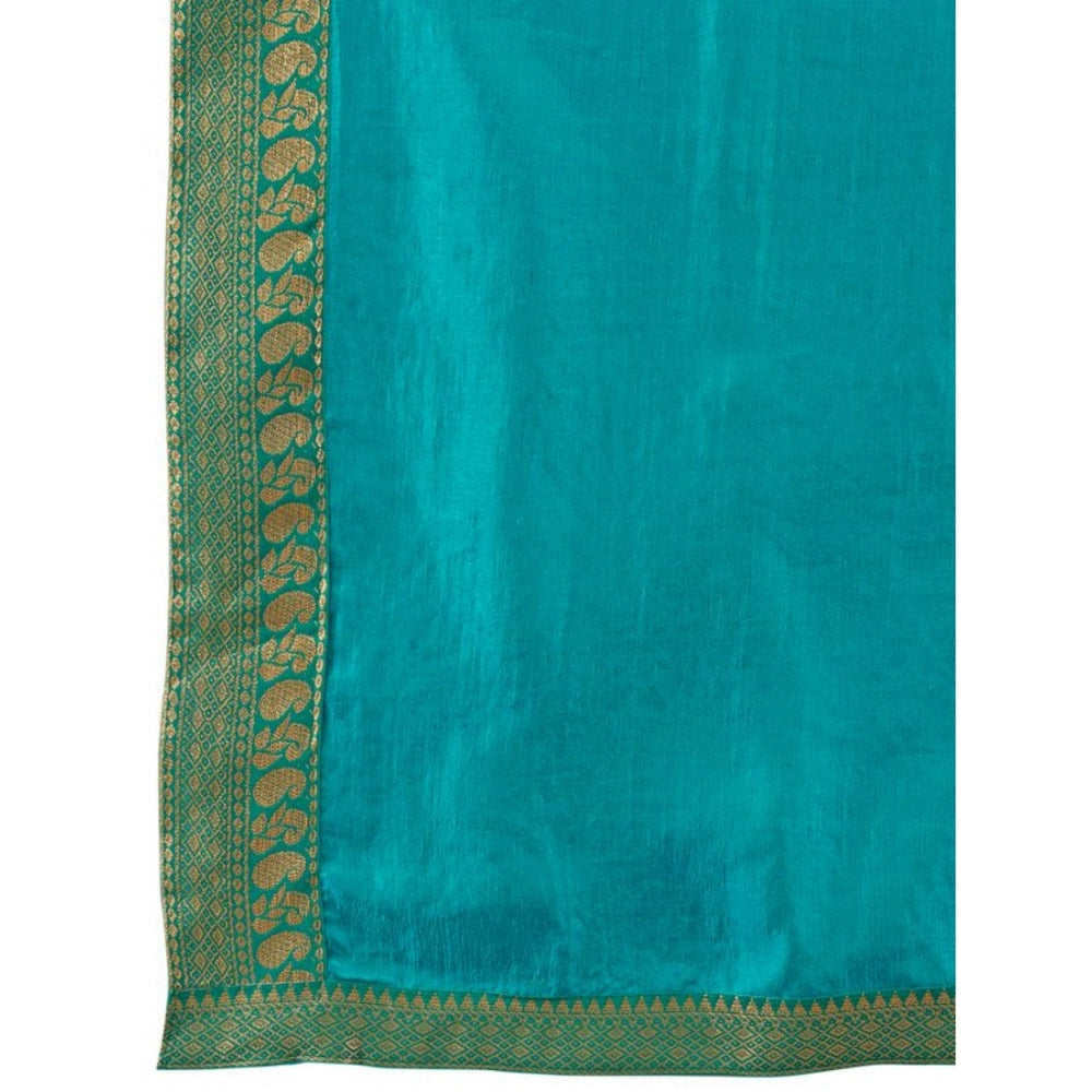 Shopper Beast Women's Vichitra Plain Saree With Unstitched Blouse (Teal Blue, 5-6 Mtrs)