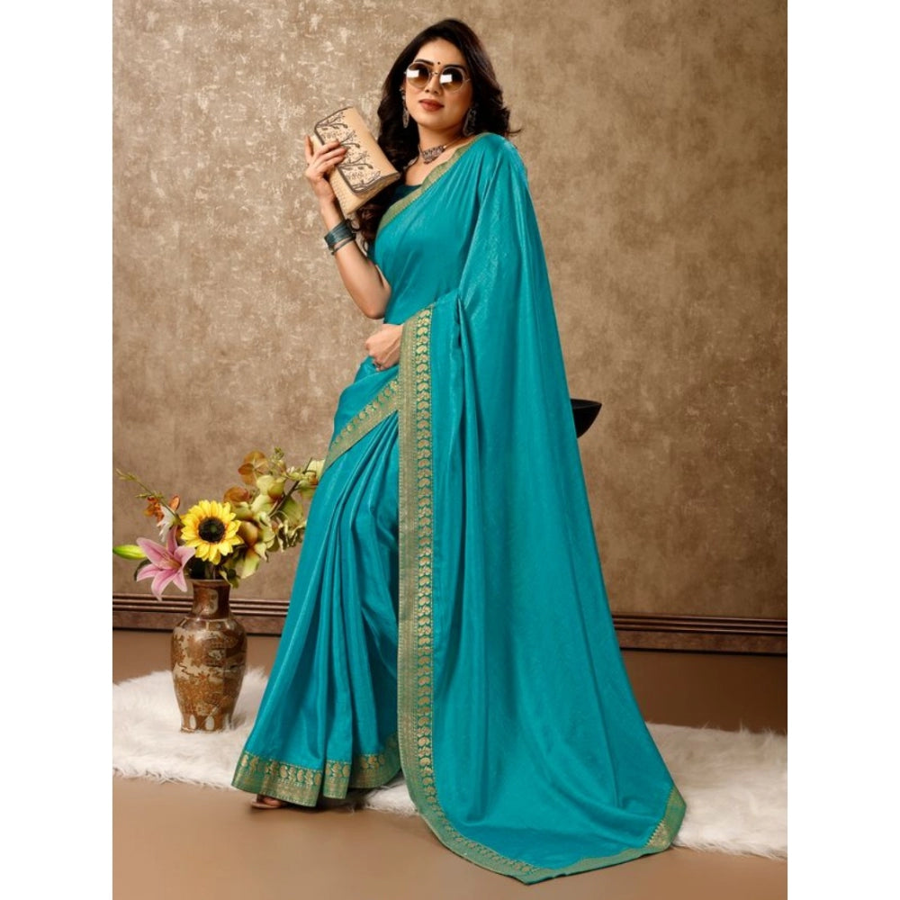 Shopper Beast Women's Vichitra Plain Saree With Unstitched Blouse (Teal Blue, 5-6 Mtrs)