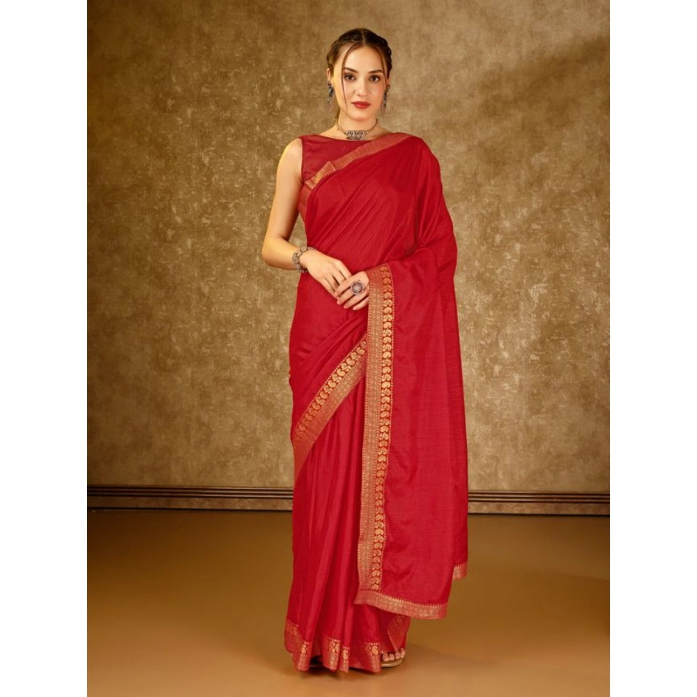 Shopper Beast Women's Vichitra Plain Saree With Unstitched Blouse (Red, 5-6 Mtrs)