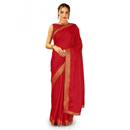 Shopper Beast Women's Vichitra Plain Saree With Unstitched Blouse (Red, 5-6 Mtrs)