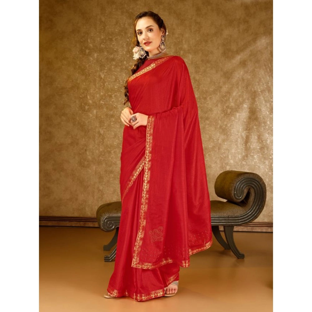 Shopper Beast Women's Vichitra Printed Saree With Unstitched Blouse (Red, 5-6 Mtrs)