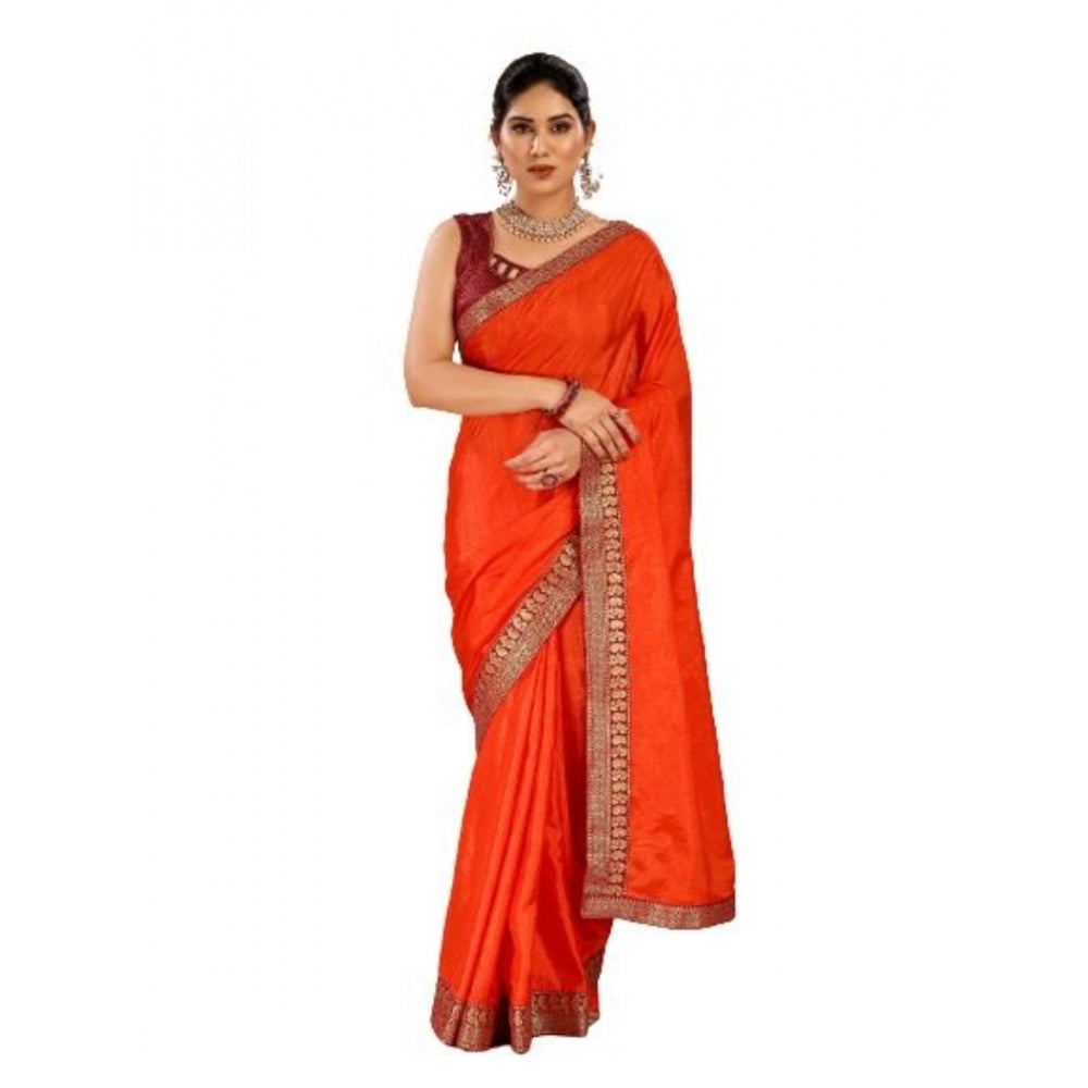 Shopper Beast Women's Vichitra Plain Saree With Unstitched Blouse (Orange, 5-6 Mtrs)