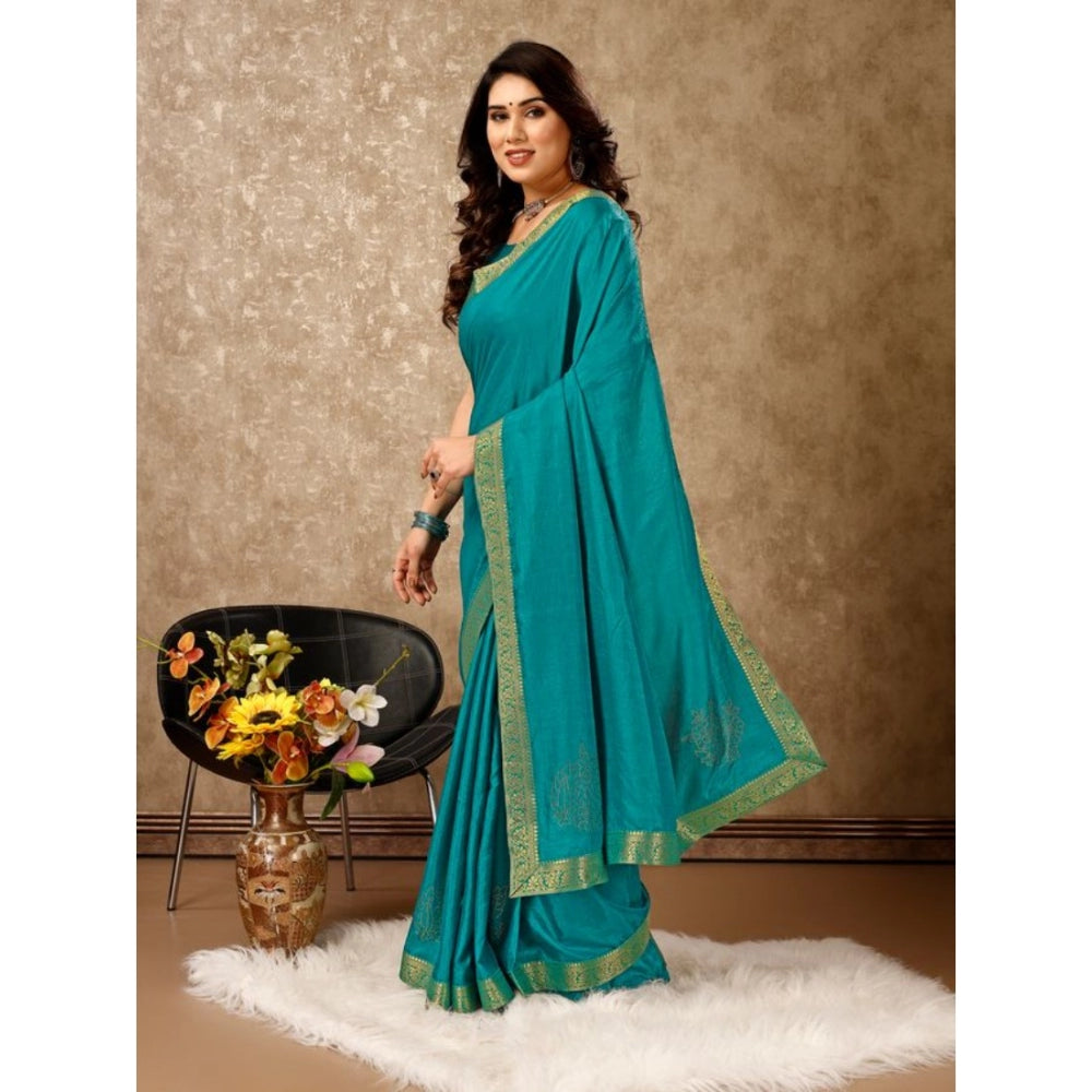 Shopper Beast Women's Vichitra Swiroshki Butta Saree With Unstitched Blouse (Teal Blue, 5-6 Mtrs)