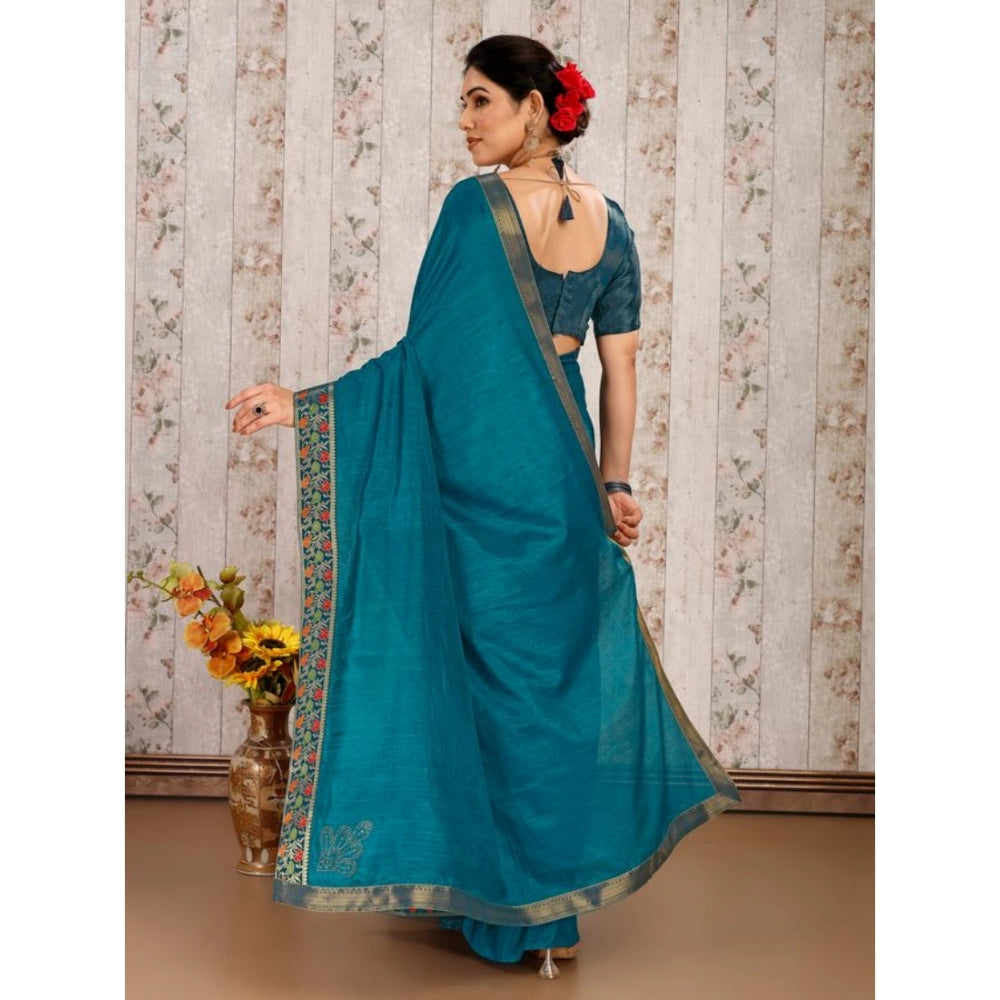 Shopper Beast Women's Vichitra Swiroshki Butta Saree With Unstitched Blouse (Teal Blue, 5-6 Mtrs)