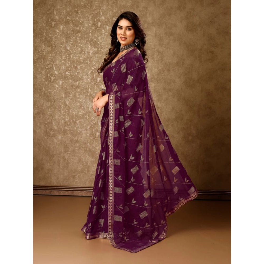 Shopper Beast Women's Zomto Patta Chiffon Saree With Unstitched Blouse (Wine, 5-6 Mtrs)