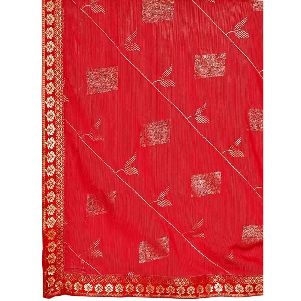 Shopper Beast Women's Zomto Patta Chiffon Saree With Unstitched Blouse (Red, 5-6 Mtrs)