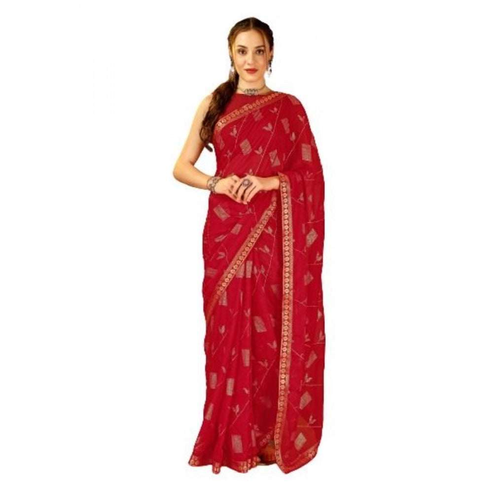 Shopper Beast Women's Zomto Patta Chiffon Saree With Unstitched Blouse (Red, 5-6 Mtrs)