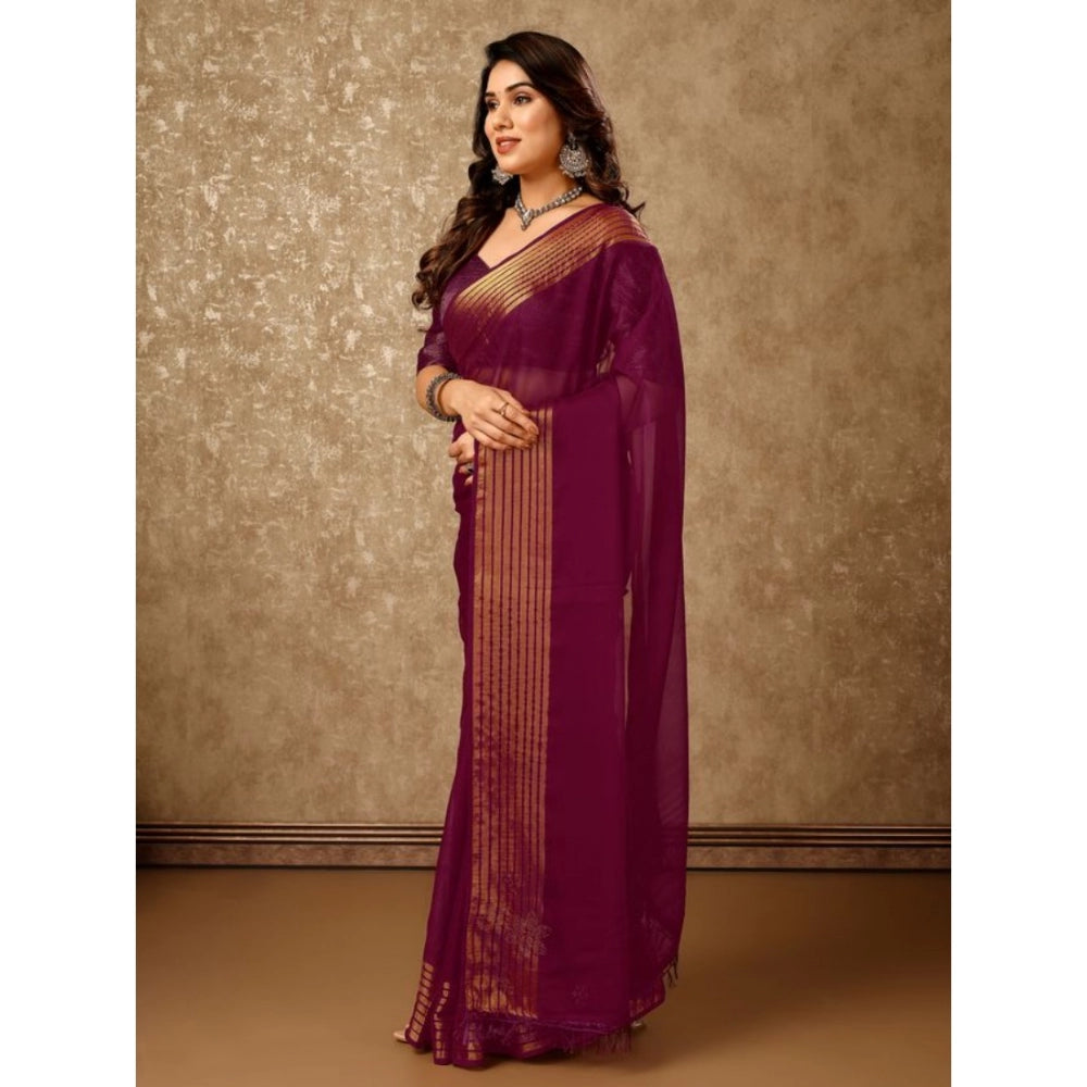 Shopper Beast Women's Chiffon Fabric Plain Saree With Unstitched Blouse (Wine, 5-6 Mtrs)