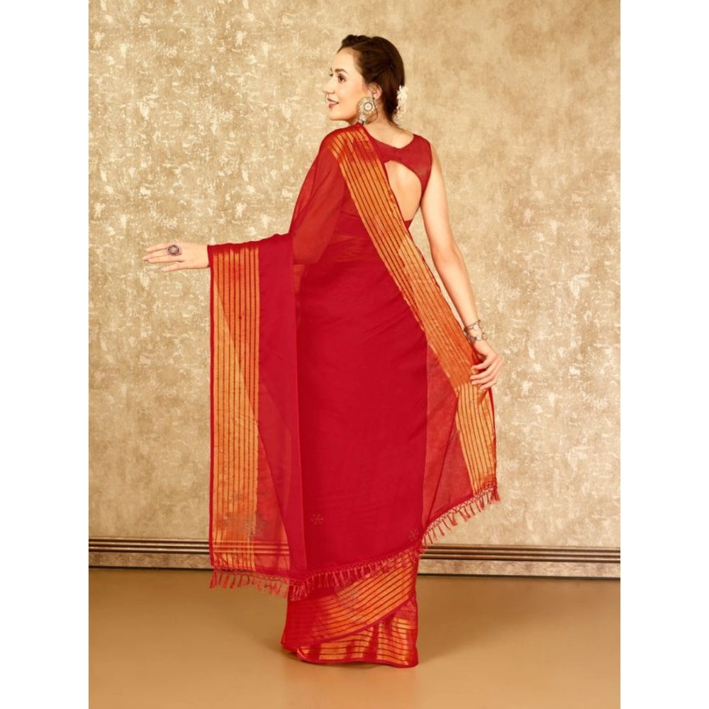 Shopper Beast Women's Chiffon Fabric Plain Saree With Unstitched Blouse (Red, 5-6 Mtrs)