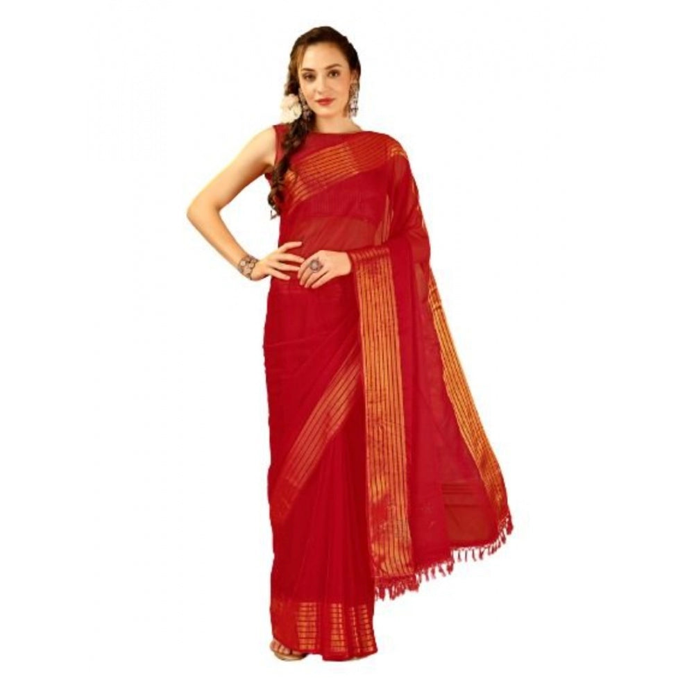 Shopper Beast Women's Chiffon Fabric Plain Saree With Unstitched Blouse (Red, 5-6 Mtrs)