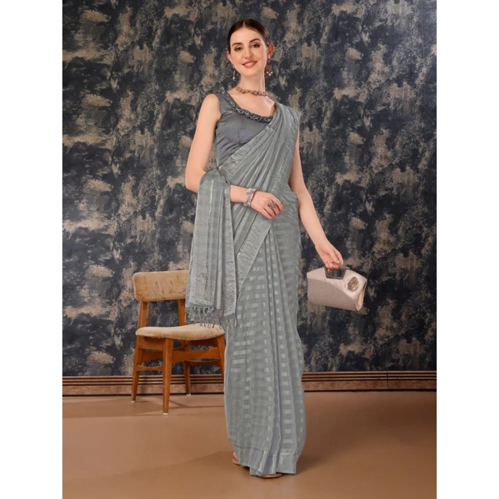 Shopper Beast Women's Chiffon Fabric Line Saree With Unstitched Blouse (Grey, 5-6 Mtrs)