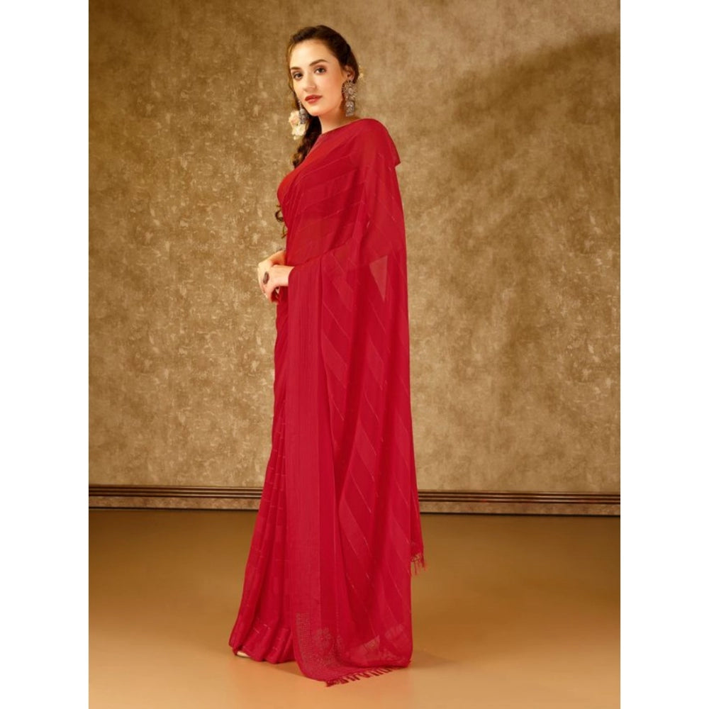 Shopper Beast Women's Chiffon Fabric Line Saree With Unstitched Blouse (Red, 5-6 Mtrs)