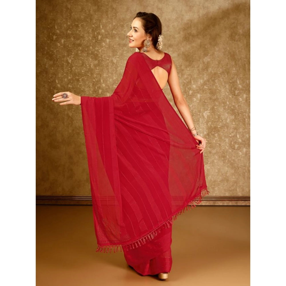 Shopper Beast Women's Chiffon Fabric Line Saree With Unstitched Blouse (Red, 5-6 Mtrs)