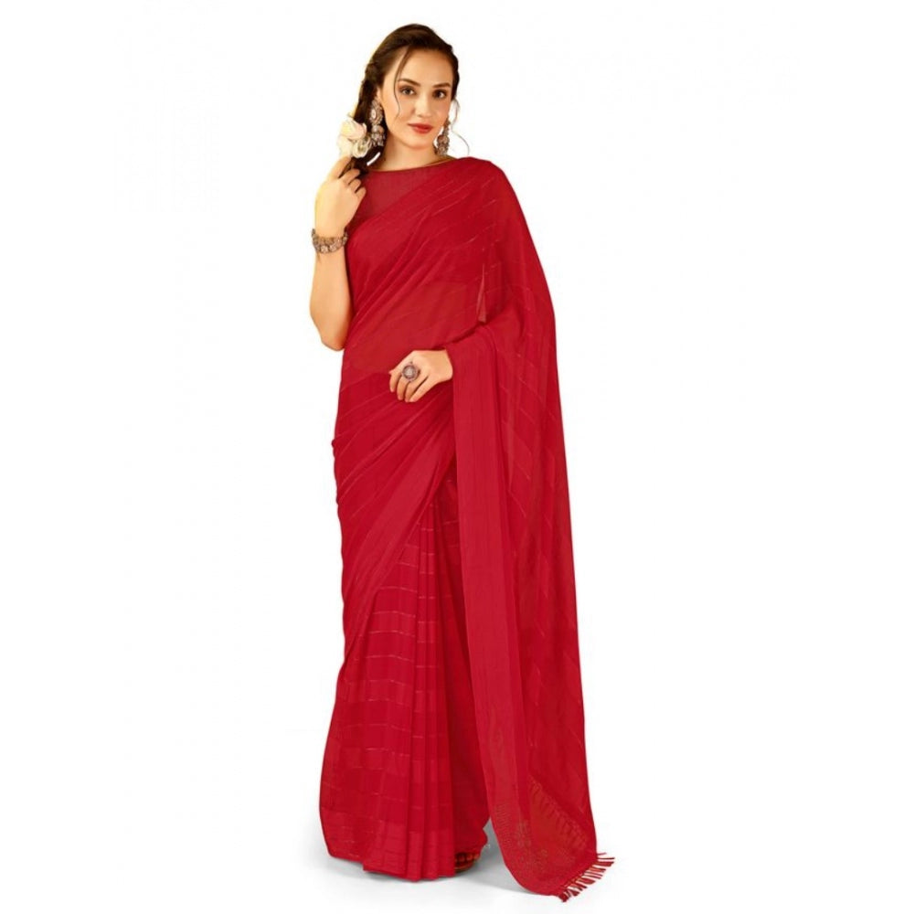 Shopper Beast Women's Chiffon Fabric Line Saree With Unstitched Blouse (Red, 5-6 Mtrs)