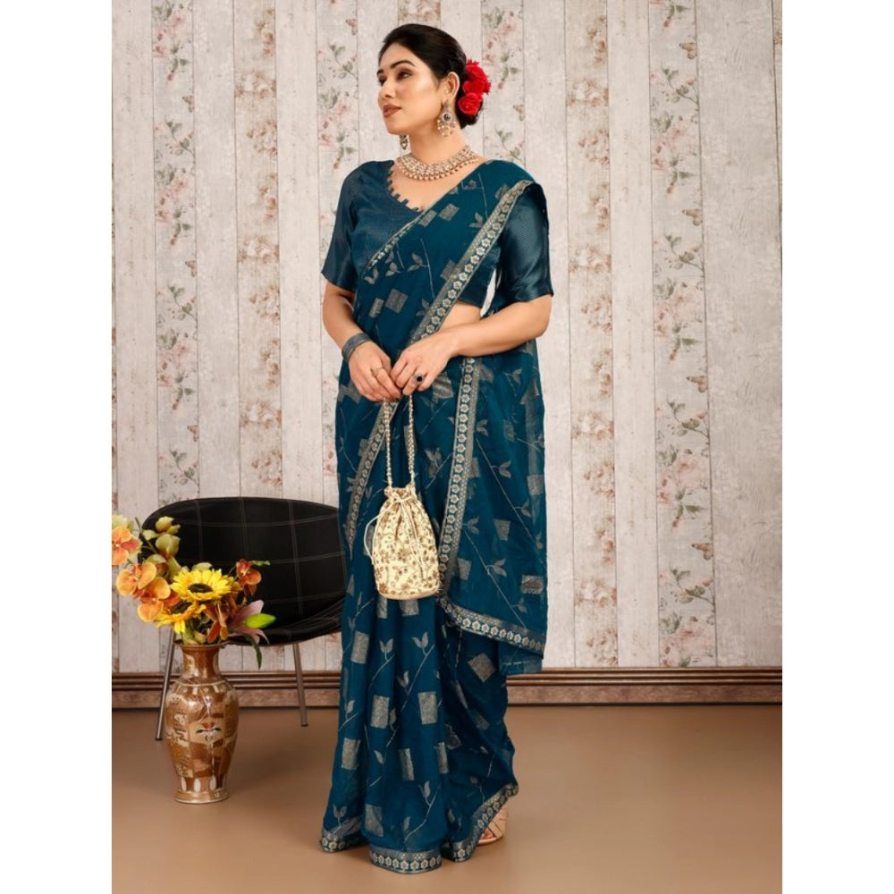 Shopper Beast Women's Zomto Patta Chiffon Saree With Unstitched Blouse (Blue, 5-6 Mtrs)