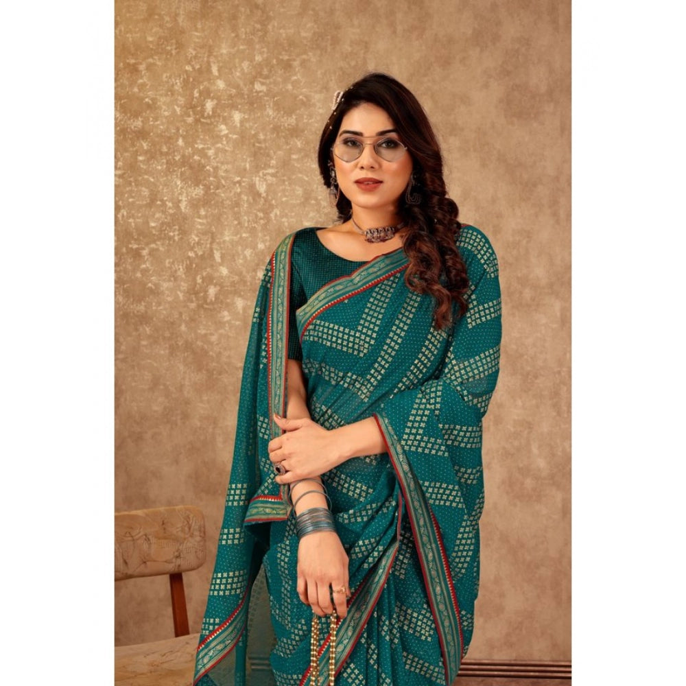 Shopper Beast Women's Zomto Zig Zag Saree With Unstitched Blouse (Teal Blue, 5-6 Mtrs)