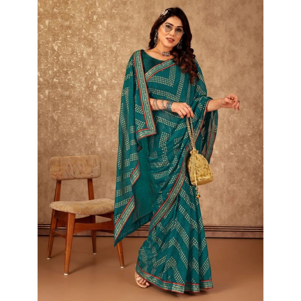 Shopper Beast Women's Zomto Zig Zag Saree With Unstitched Blouse (Teal Blue, 5-6 Mtrs)