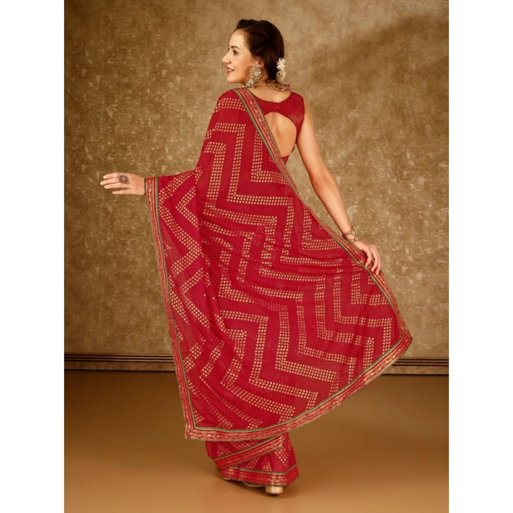 Shopper Beast Women's Zomto Zig Zag Saree With Unstitched Blouse (Red, 5-6 Mtrs)