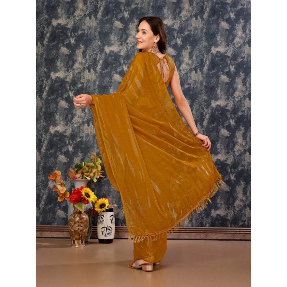 Shopper Beast Women's Chiffon Fabric Line Saree With Unstitched Blouse (Mustard, 5-6 Mtrs)