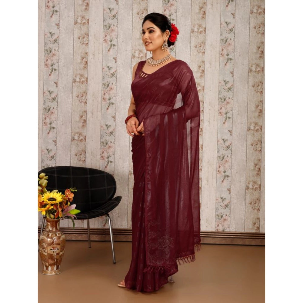 Shopper Beast Women's Chiffon Fabric Line Saree With Unstitched Blouse (Maroon, 5-6 Mtrs)