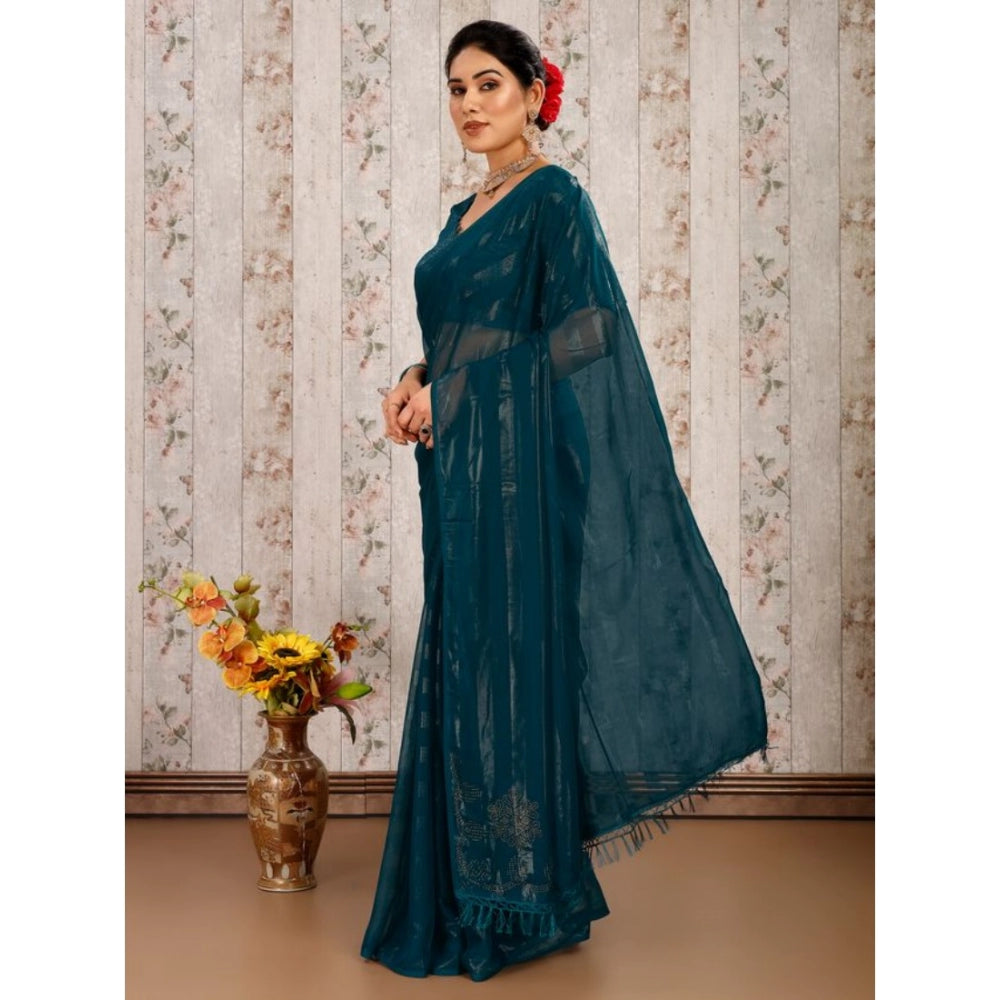 Shopper Beast Women's Chiffon Fabric Line Saree With Unstitched Blouse (Teal Blue, 5-6 Mtrs)