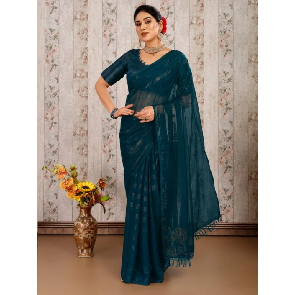 Shopper Beast Women's Chiffon Fabric Line Saree With Unstitched Blouse (Teal Blue, 5-6 Mtrs)