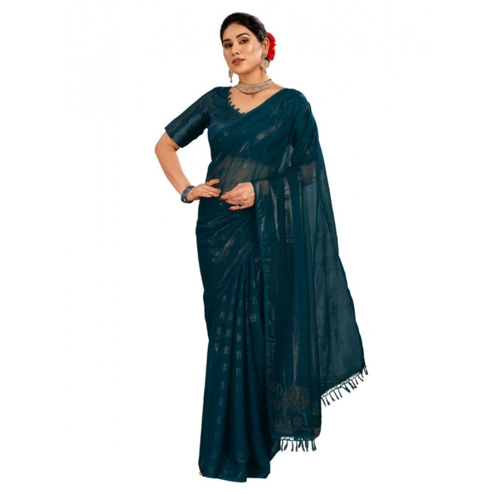 Shopper Beast Women's Chiffon Fabric Line Saree With Unstitched Blouse (Teal Blue, 5-6 Mtrs)