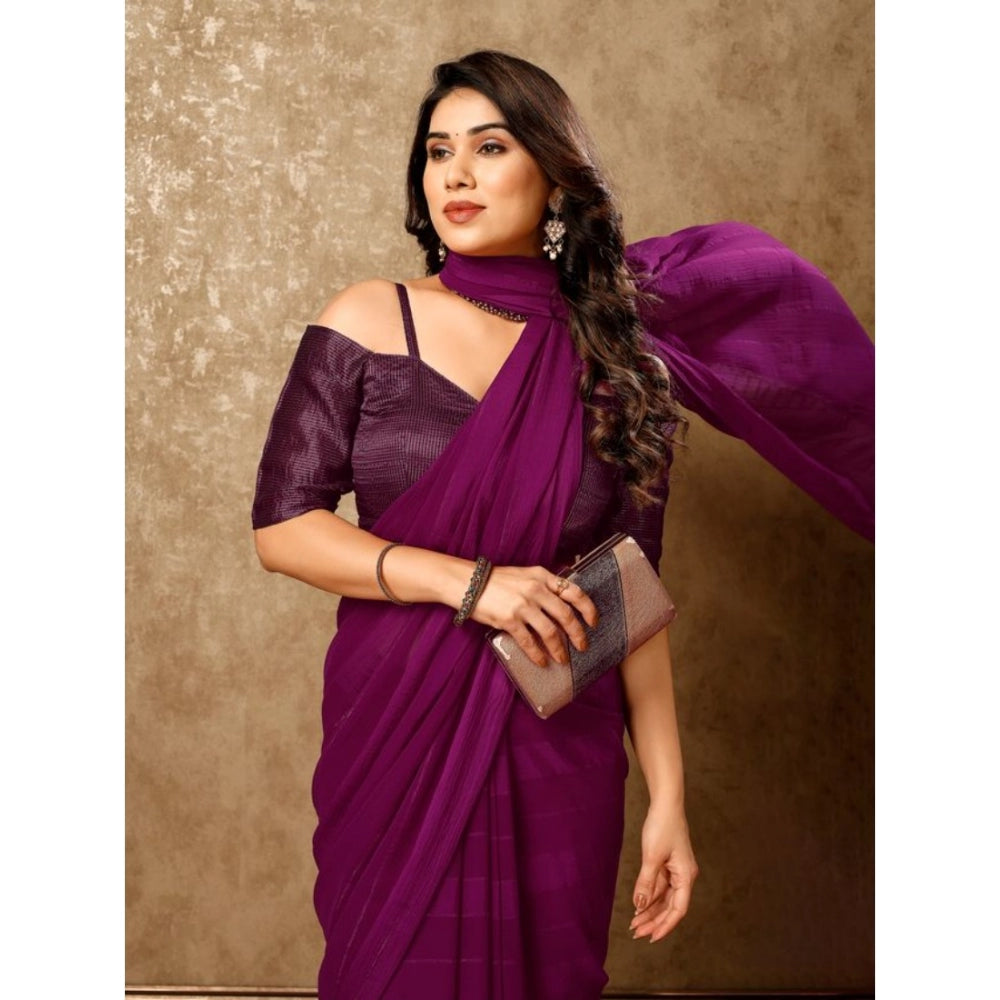 Shopper Beast Women's Chiffon Fabric Line Saree With Unstitched Blouse (Wine, 5-6 Mtrs)