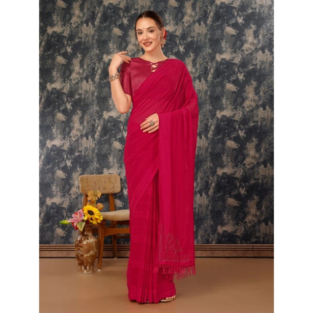 Shopper Beast Women's Chiffon Fabric Line Saree With Unstitched Blouse (Pink, 5-6 Mtrs)