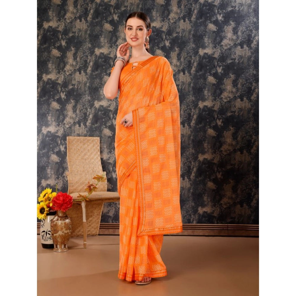 Shopper Beast Women's Zomto Cheked Saree With Unstitched Blouse (Orange, 5-6 Mtrs)