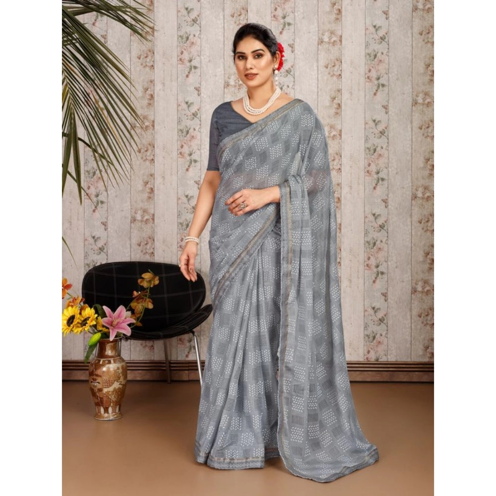 Shopper Beast Women's Zomto Cheked Saree With Unstitched Blouse (Grey, 5-6 Mtrs)